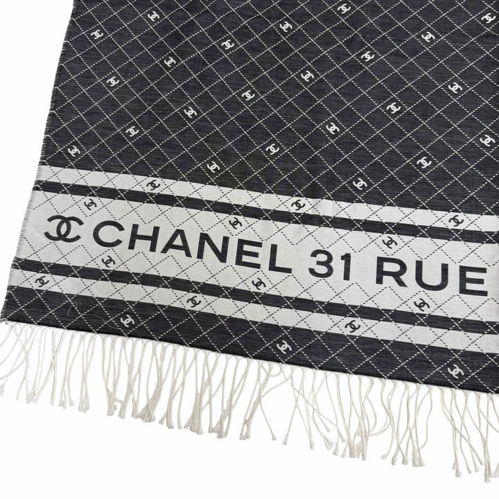 未使用品☆CHANEL シャネル 31 RUE CAMBON コットン シルク ココマーク フリンジ付 大判 ストール ショール グレー 伊製 箱・保存袋付き