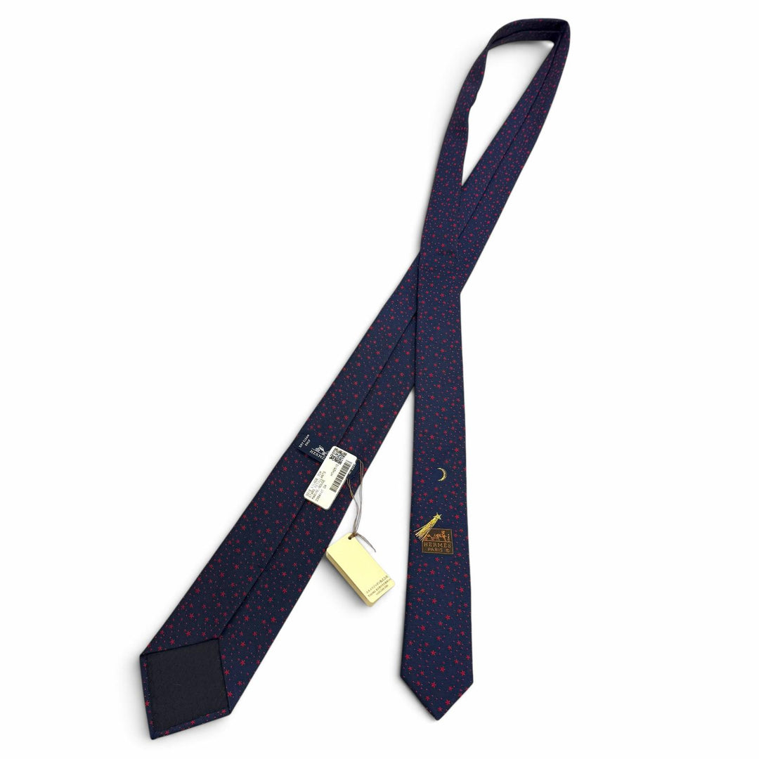 未使用品□HERMES エルメス H339444T 04 スターズ・ペティヤン シルク100％ 総柄 ネクタイ マリン レッド フランス製 メンズ 箱付き