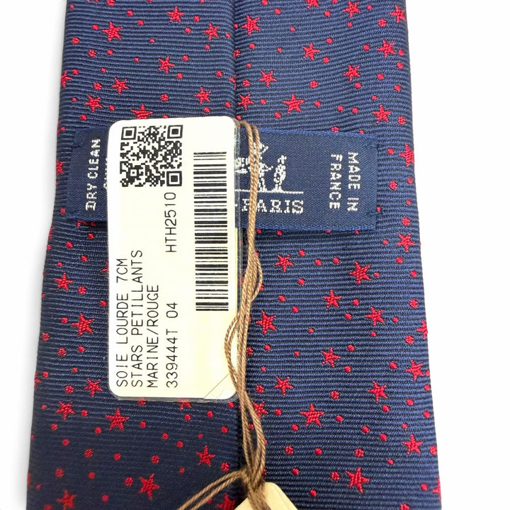 未使用品□HERMES エルメス H339444T 04 スターズ・ペティヤン シルク100％ 総柄 ネクタイ マリン レッド フランス製 メンズ 箱付き