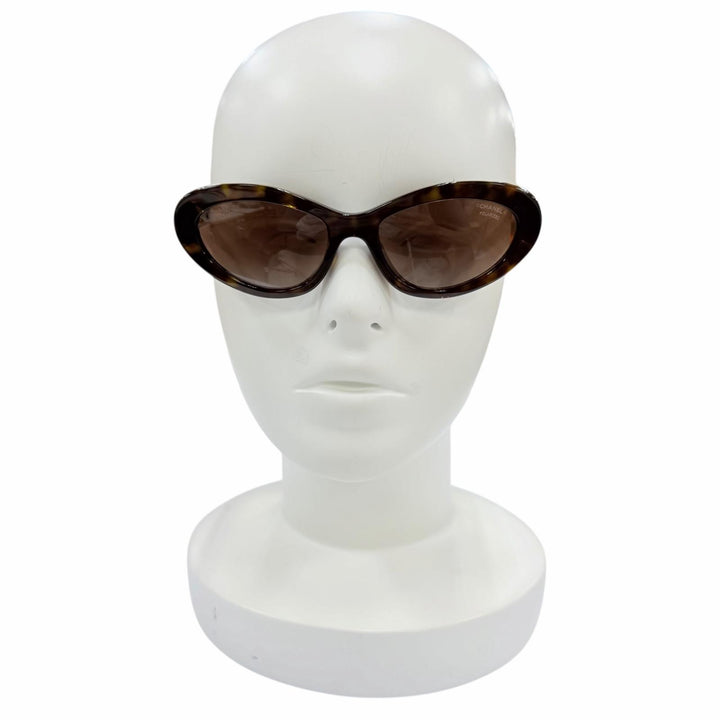 極美品☆CHANEL シャネル 5538-Q-A ロゴ レザー使い キャットアイ サングラス ブラウン マーブル ゴールド 54□18 140 デモレンズ 箱付き