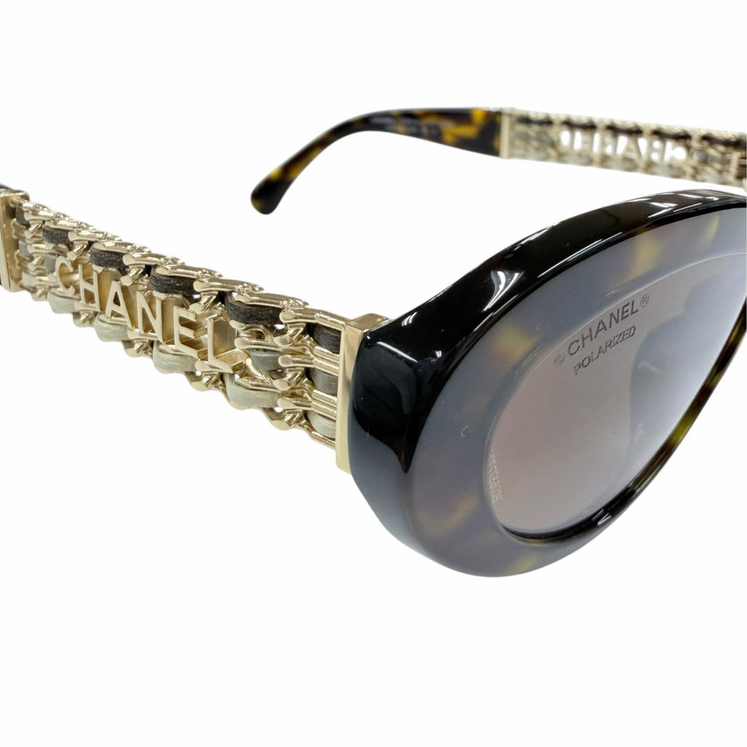 極美品☆CHANEL シャネル 5538-Q-A ロゴ レザー使い キャットアイ サングラス ブラウン マーブル ゴールド 54□18 140 デモレンズ 箱付き