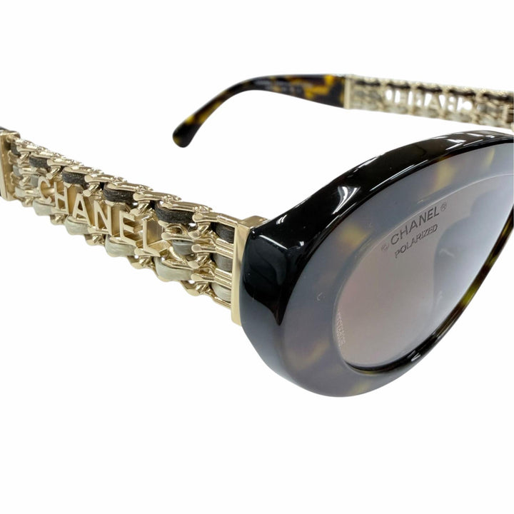 極美品☆CHANEL シャネル 5538-Q-A ロゴ レザー使い キャットアイ サングラス ブラウン マーブル ゴールド 54□18 140 デモレンズ 箱付き