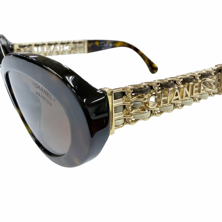 極美品☆CHANEL シャネル 5538-Q-A ロゴ レザー使い キャットアイ サングラス ブラウン マーブル ゴールド 54□18 140 デモレンズ 箱付き