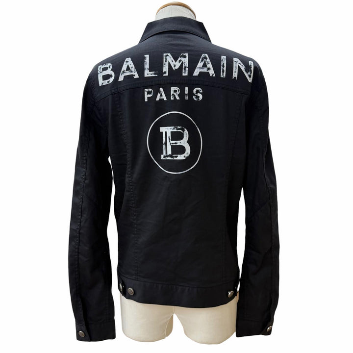 美品▼BALMAIN バルマン 8639Z100 LOGO DENIM SHIRT コットン バックロゴプリント シャツジャケット ブラック 46 日本製 正規品 メンズ