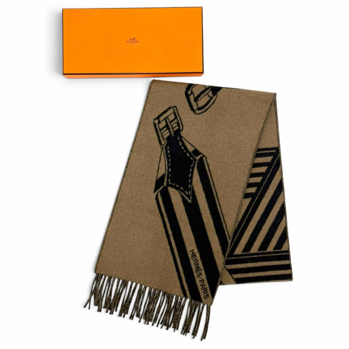 美品△HERMES エルメス Sangles en Zigzag ジグザグのサングル カシミヤ100％ エトゥープ マリン フリンジ マフラー ブラウン ネイビー