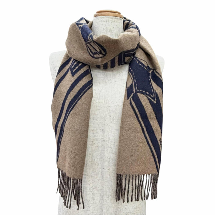 美品△HERMES エルメス Sangles en Zigzag ジグザグのサングル カシミヤ100％ エトゥープ マリン フリンジ マフラー ブラウン ネイビー