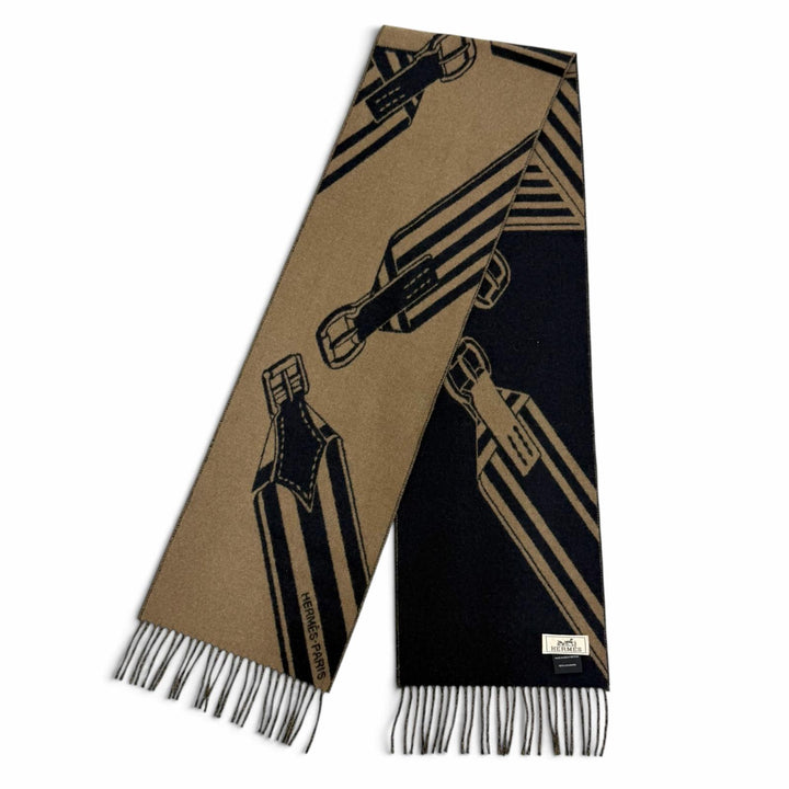 美品△HERMES エルメス Sangles en Zigzag ジグザグのサングル カシミヤ100％ エトゥープ マリン フリンジ マフラー ブラウン ネイビー