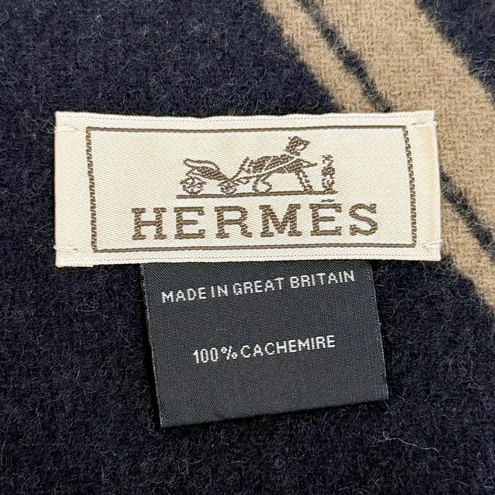 美品△HERMES エルメス Sangles en Zigzag ジグザグのサングル カシミヤ100％ エトゥープ マリン フリンジ マフラー ブラウン ネイビー