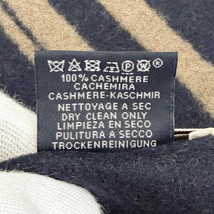美品△HERMES エルメス Sangles en Zigzag ジグザグのサングル カシミヤ100％ エトゥープ マリン フリンジ マフラー ブラウン ネイビー