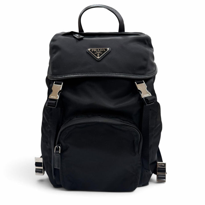 美品▼PRADA プラダ 1BZ039 ナイロン レザー トライアングルロゴ 三角プレート バックパック リュックサック デイパック ブラック 袋付き