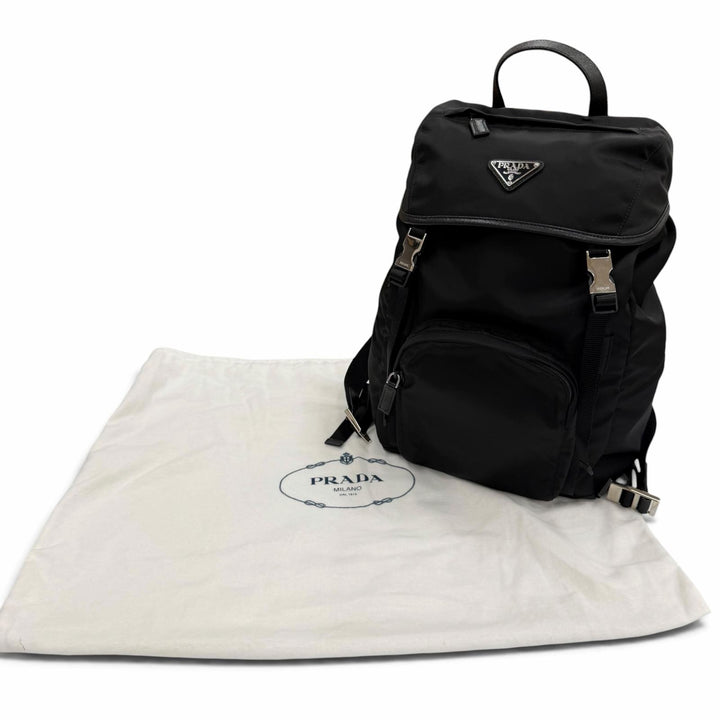 美品▼PRADA プラダ 1BZ039 ナイロン レザー トライアングルロゴ 三角プレート バックパック リュックサック デイパック ブラック 袋付き