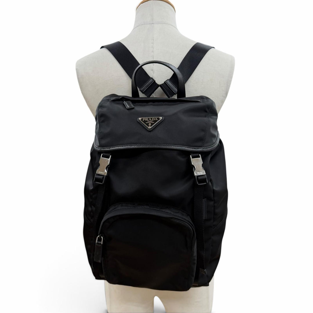美品▼PRADA プラダ 1BZ039 ナイロン レザー トライアングルロゴ 三角プレート バックパック リュックサック デイパック ブラック 袋付き