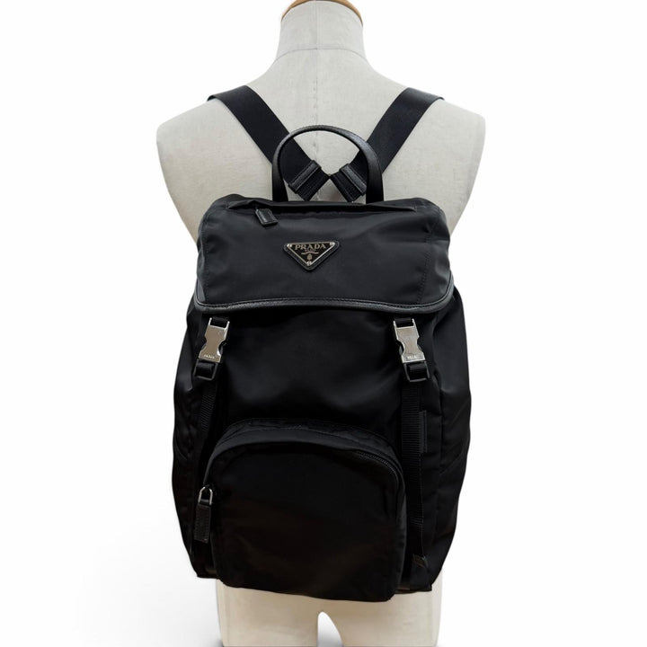 美品▼PRADA プラダ 1BZ039 ナイロン レザー トライアングルロゴ 三角プレート バックパック リュックサック デイパック ブラック 袋付き