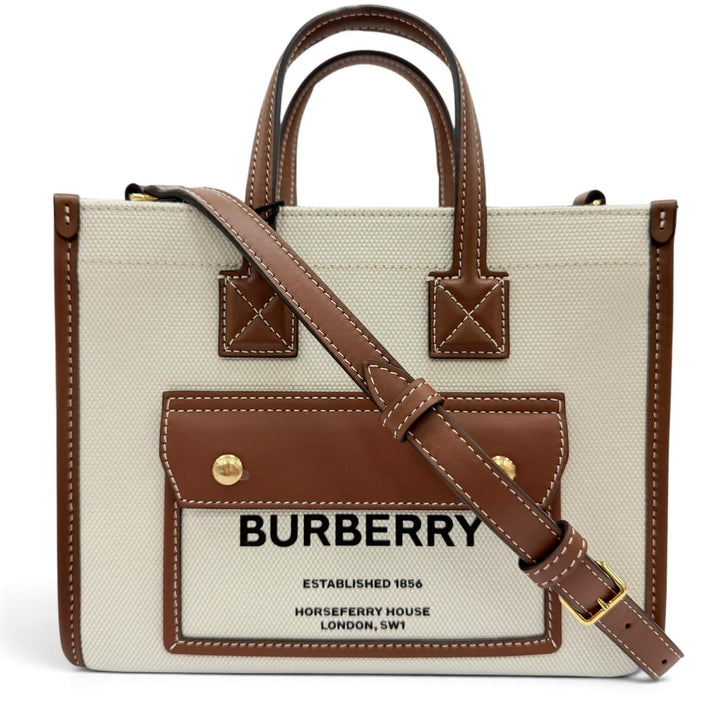 未使用品☆BURBERRY バーバリー 8044143 ミニ フレヤトート キャンバス レザー 2WAY ショルダーバッグ ハンドバッグ ベージュ 保存袋付き