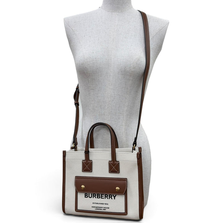 未使用品☆BURBERRY バーバリー 8044143 ミニ フレヤトート キャンバス レザー 2WAY ショルダーバッグ ハンドバッグ ベージュ 保存袋付き