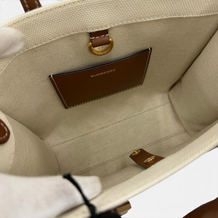 未使用品☆BURBERRY バーバリー 8044143 ミニ フレヤトート キャンバス レザー 2WAY ショルダーバッグ ハンドバッグ ベージュ 保存袋付き