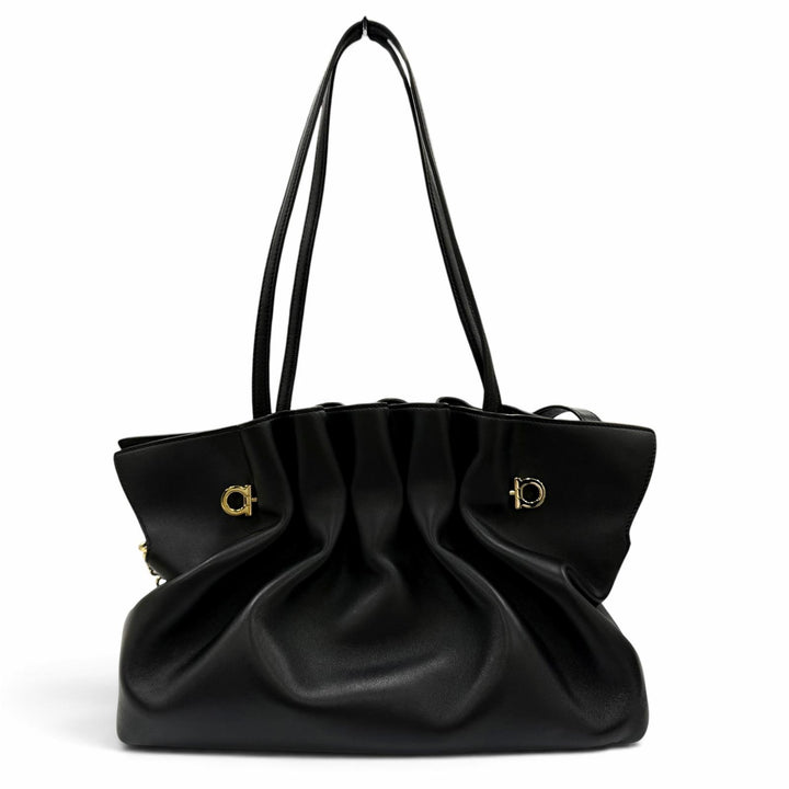 美品☆FERRAGAMO フェラガモ 219960 ガンチーニ ソフトバッグ M ラムナッパレザー 2WAYショルダーバッグ トートバッグ 黒 定価396000円