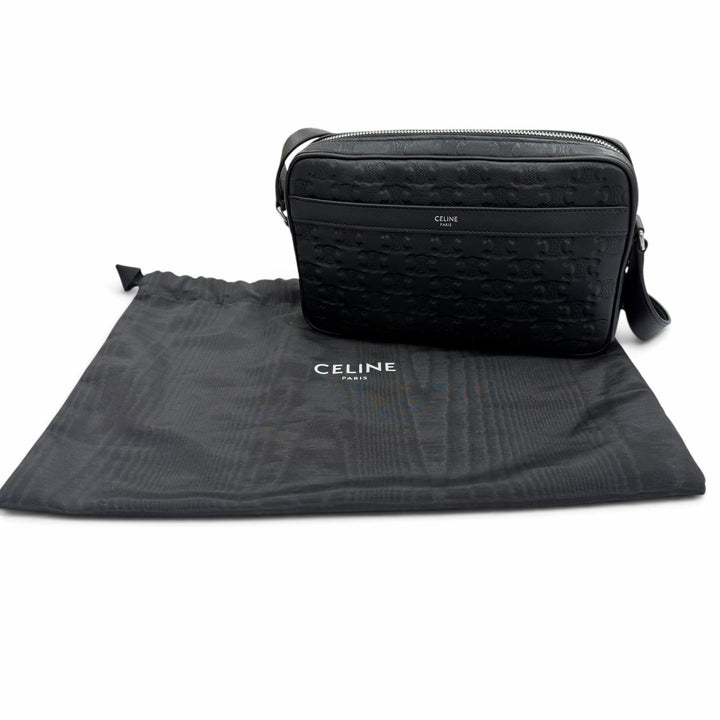 極美品▼CELINE セリーヌ 11700 レザー トリオンフ ミディアム メッセンジャー ショルダーバッグ ブラック シルバー金具 メンズ 保存袋付