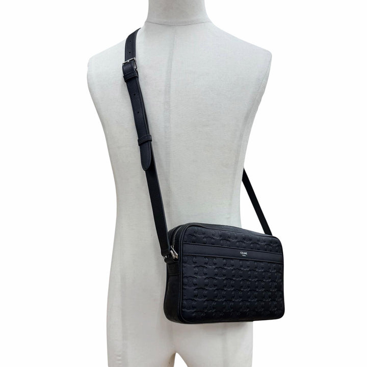 極美品▼CELINE セリーヌ 11700 レザー トリオンフ ミディアム メッセンジャー ショルダーバッグ ブラック シルバー金具 メンズ 保存袋付