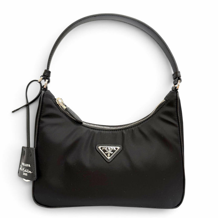 極美品△PRADA プラダ 1N204X Re-Edition 2005 Re-Nylon トライアングルロゴ キーリング付 ハンドバッグ ブラック シルバー金具 伊製