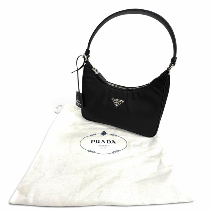 極美品△PRADA プラダ 1N204X Re-Edition 2005 Re-Nylon トライアングルロゴ キーリング付 ハンドバッグ ブラック シルバー金具 伊製