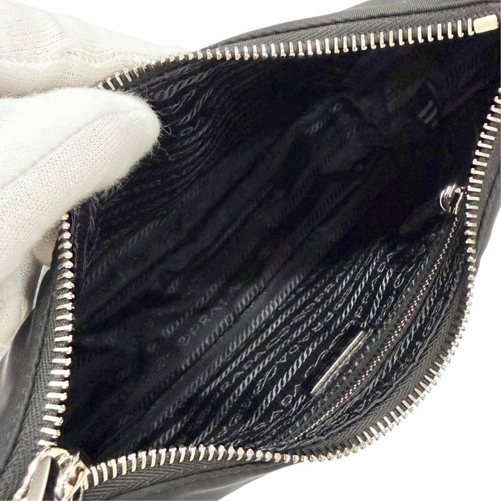 極美品△PRADA プラダ 1N204X Re-Edition 2005 Re-Nylon トライアングルロゴ キーリング付 ハンドバッグ ブラック シルバー金具 伊製