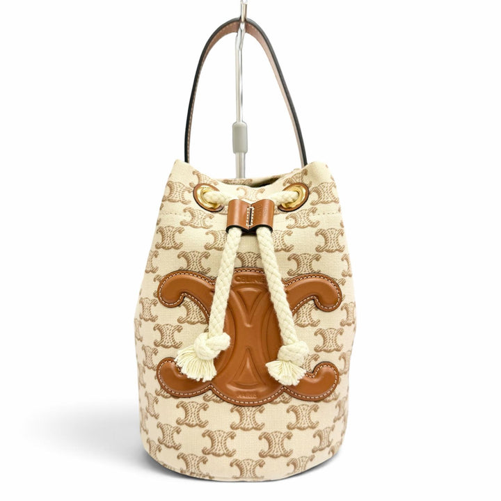 極美品△CELINE セリーヌ 19653 ティーン キャンバス レザー トリオンフ ドローストリング ハンドバッグ ブラウン ベージュ 保存袋付き