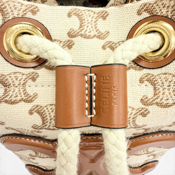 極美品△CELINE セリーヌ 19653 ティーン キャンバス レザー トリオンフ ドローストリング ハンドバッグ ブラウン ベージュ 保存袋付き