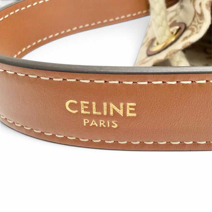 極美品△CELINE セリーヌ 19653 ティーン キャンバス レザー トリオンフ ドローストリング ハンドバッグ ブラウン ベージュ 保存袋付き