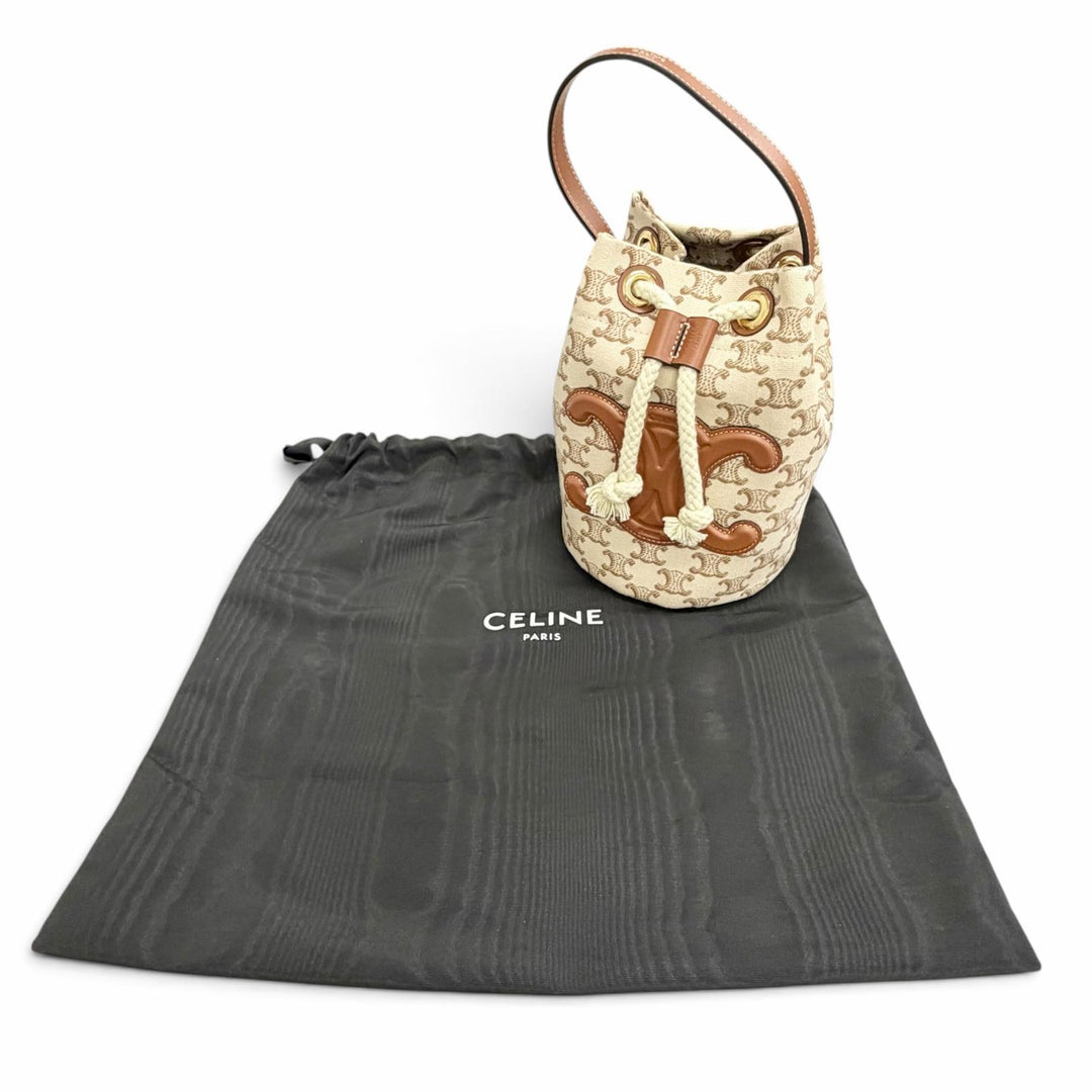 極美品△CELINE セリーヌ 19653 ティーン キャンバス レザー トリオンフ ドローストリング ハンドバッグ ブラウン ベージュ 保存袋付き
