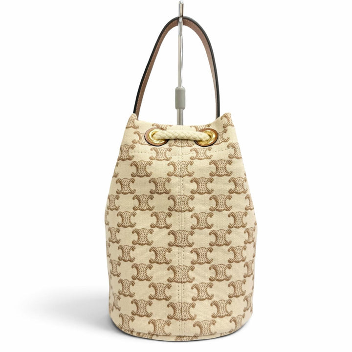 極美品△CELINE セリーヌ 19653 ティーン キャンバス レザー トリオンフ ドローストリング ハンドバッグ ブラウン ベージュ 保存袋付き