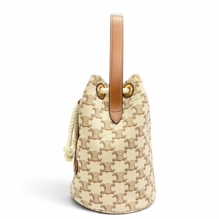 極美品△CELINE セリーヌ 19653 ティーン キャンバス レザー トリオンフ ドローストリング ハンドバッグ ブラウン ベージュ 保存袋付き