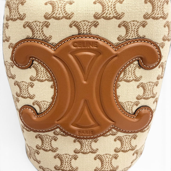 極美品△CELINE セリーヌ 19653 ティーン キャンバス レザー トリオンフ ドローストリング ハンドバッグ ブラウン ベージュ 保存袋付き