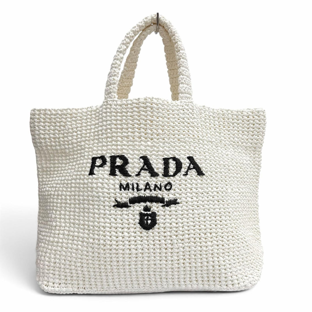 未使用品★PRADA プラダ 1BG392 クロシェ トートバッグ トライアングルロゴ ロゴデザイン クロシェ編み ホワイト イタリア製 保存袋付き
