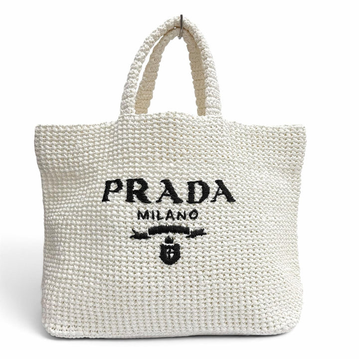 未使用品★PRADA プラダ 1BG392 クロシェ トートバッグ トライアングルロゴ ロゴデザイン クロシェ編み ホワイト イタリア製 保存袋付き