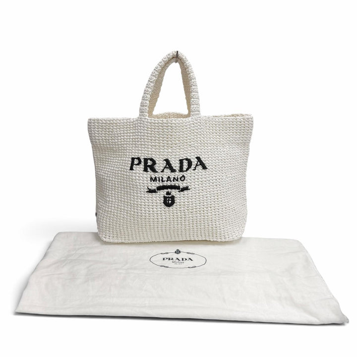 未使用品★PRADA プラダ 1BG392 クロシェ トートバッグ トライアングルロゴ ロゴデザイン クロシェ編み ホワイト イタリア製 保存袋付き
