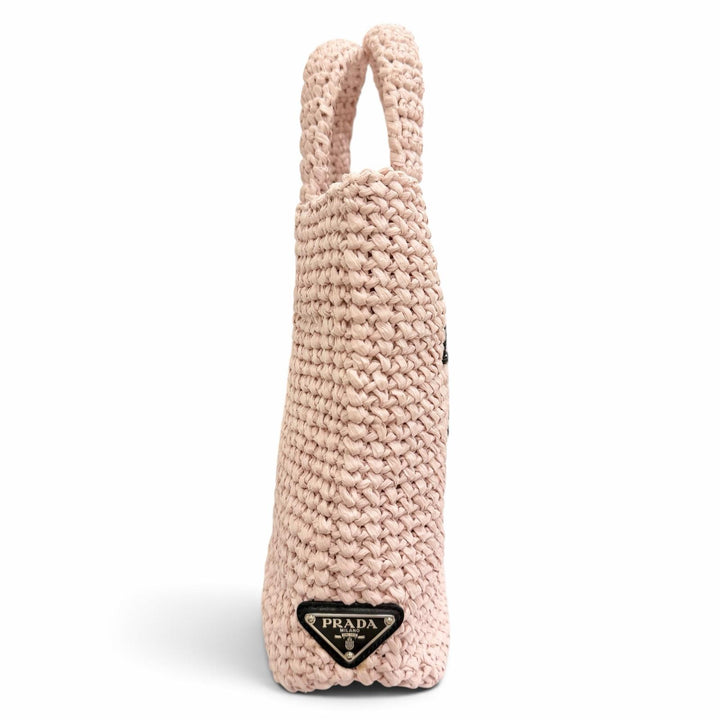 極美品△PRADA プラダ 1BG422 スモール クロシェ ラフィア100% トライアングルロゴ トートバッグ ハンドバッグ ピンク ブラック 伊製