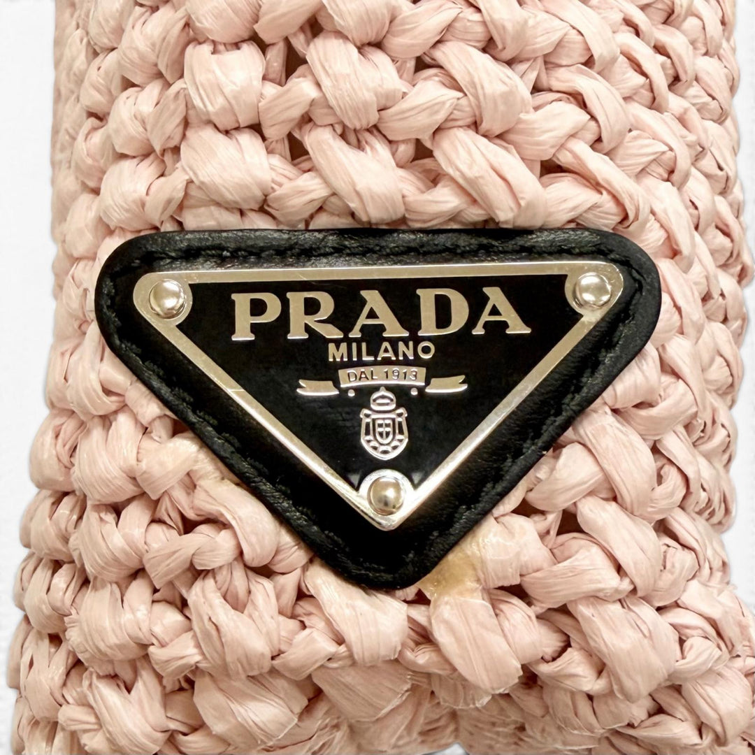 極美品△PRADA プラダ 1BG422 スモール クロシェ ラフィア100% トライアングルロゴ トートバッグ ハンドバッグ ピンク ブラック 伊製