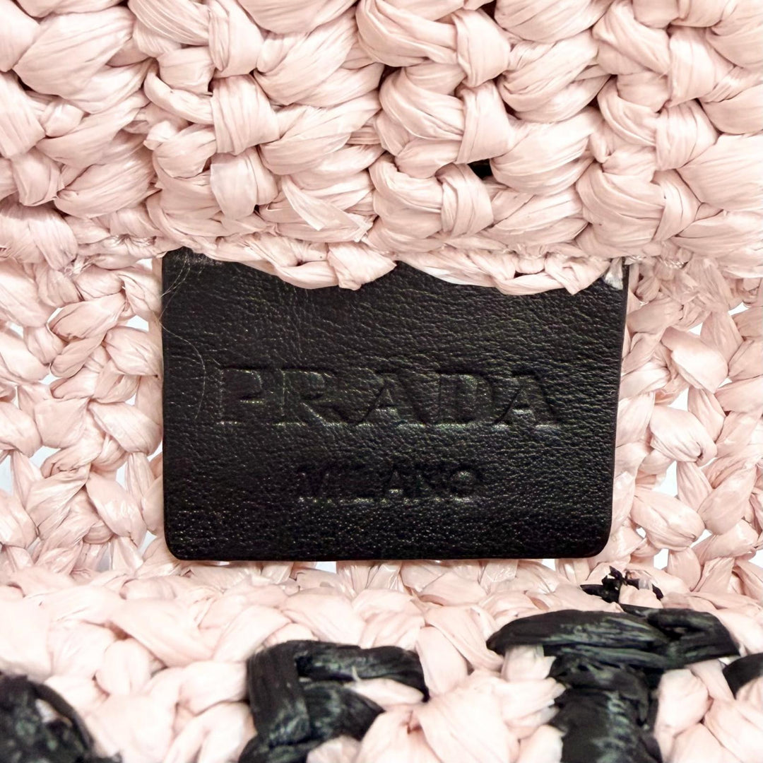 極美品△PRADA プラダ 1BG422 スモール クロシェ ラフィア100% トライアングルロゴ トートバッグ ハンドバッグ ピンク ブラック 伊製