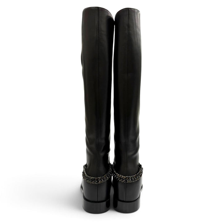 未使用品★Christian Louboutin クリスチャンルブタン 3130073 CATE BOOT FLAT CALF チェーン装飾 レザー ロングブーツ 38.5 保存袋付