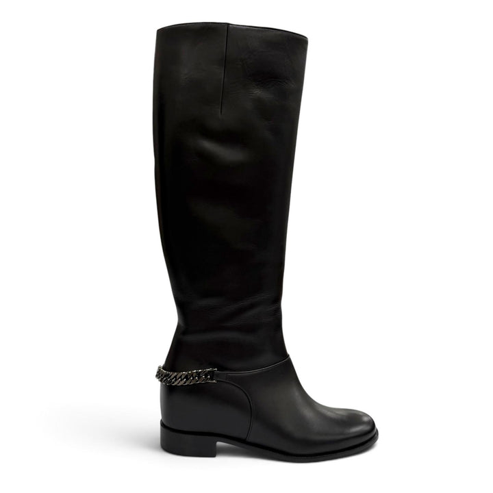 未使用品★Christian Louboutin クリスチャンルブタン 3130073 CATE BOOT FLAT CALF チェーン装飾 レザー ロングブーツ 38.5 保存袋付