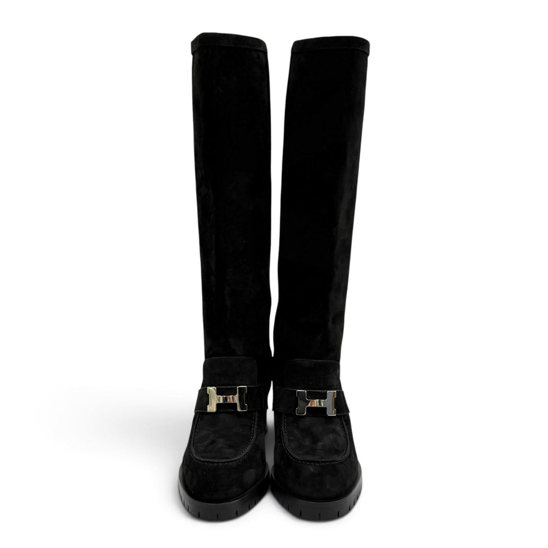 極美品★HERMES エルメス フォリー60 シルバー金具 H金具 スウェードレザー ロングブーツ ブラック 35 イタリア製 レディース 保存袋付き