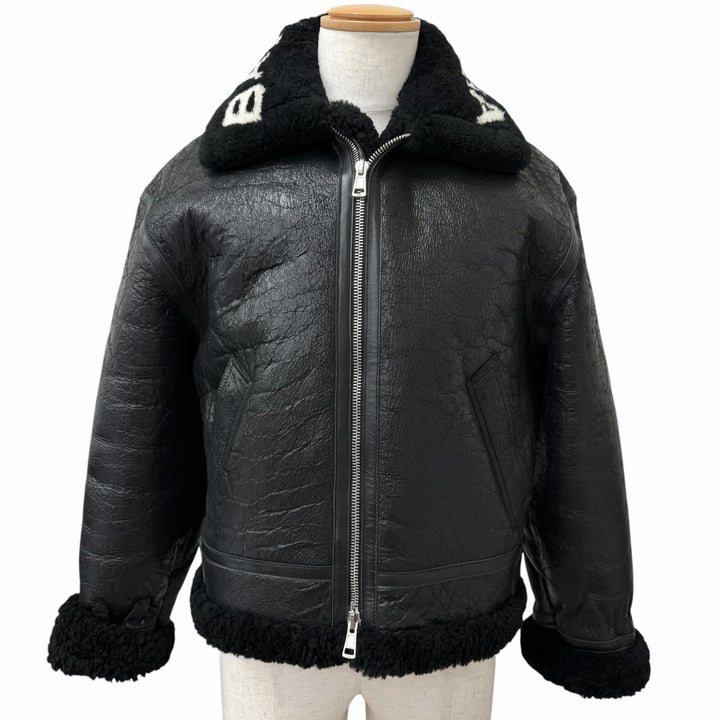美品□BALENCIAGA バレンシアガ 486093 Shearling Bombadier 羊革 ロゴデザイン ムートンジャケット ボンバージャケット 46 黒 正規品