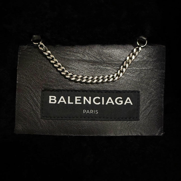 美品□BALENCIAGA バレンシアガ 486093 Shearling Bombadier 羊革 ロゴデザイン ムートンジャケット ボンバージャケット 46 黒 正規品