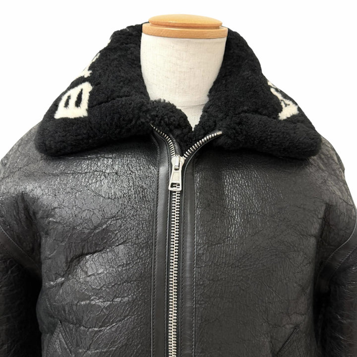 美品□BALENCIAGA バレンシアガ 486093 Shearling Bombadier 羊革 ロゴデザイン ムートンジャケット ボンバージャケット 46 黒 正規品