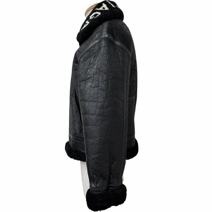 美品□BALENCIAGA バレンシアガ 486093 Shearling Bombadier 羊革 ロゴデザイン ムートンジャケット ボンバージャケット 46 黒 正規品
