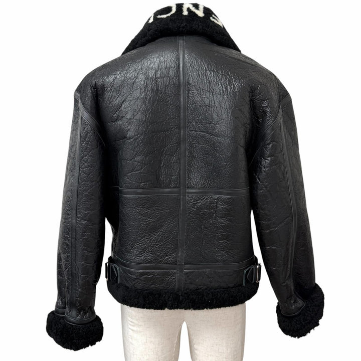 美品□BALENCIAGA バレンシアガ 486093 Shearling Bombadier 羊革 ロゴデザイン ムートンジャケット ボンバージャケット 46 黒 正規品