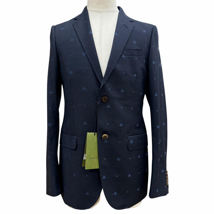 未使用品▼GUCCI グッチ 2022年製 554100 ウール100% ビー刺繍 ロゴ入りボタン シングルスーツ セットアップ ネイビー 46 正規品 メンズ