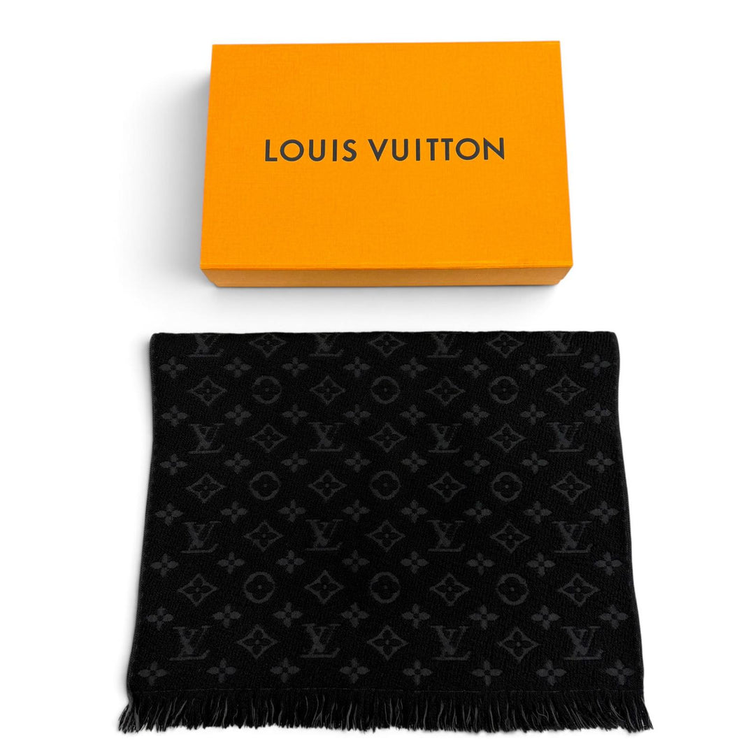 美品▼LOUIS VUITTON ルイヴィトン 2019年製 M70520 ウール100% モノグラムクラシック フリンジ付き マフラー ブラック 正規品 箱付き