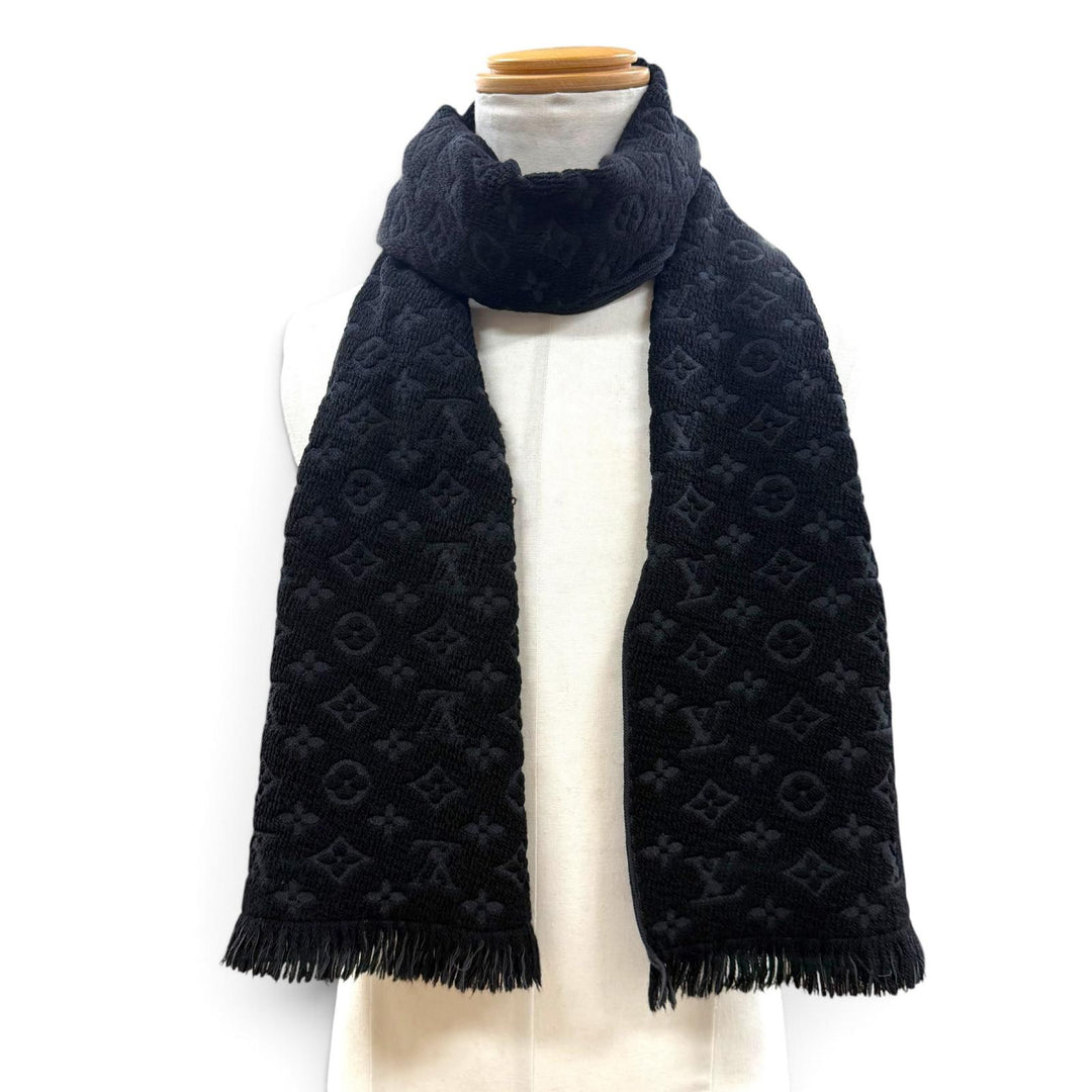 美品▼LOUIS VUITTON ルイヴィトン 2019年製 M70520 ウール100% モノグラムクラシック フリンジ付き マフラー ブラック 正規品 箱付き